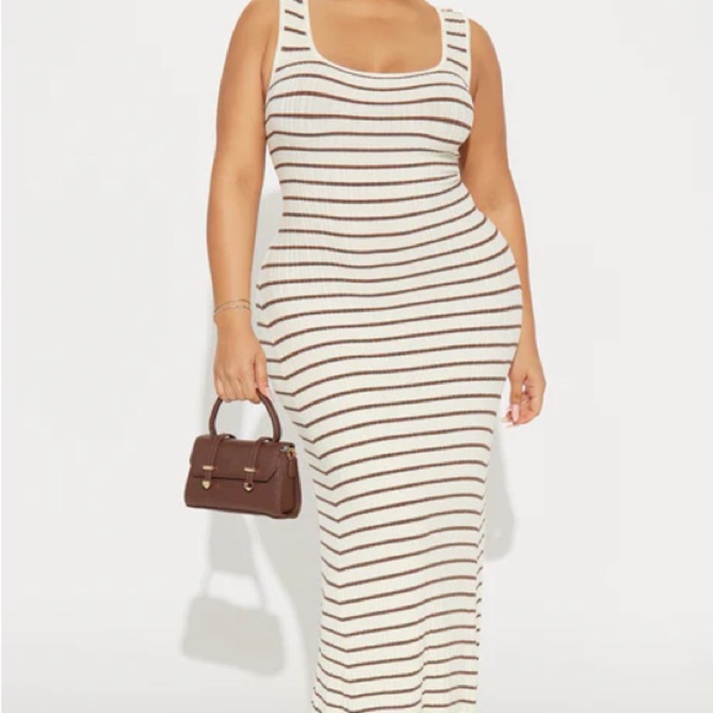 Fashion Nova Cream and Tan Sleeveless Bodycon Maxi Dress